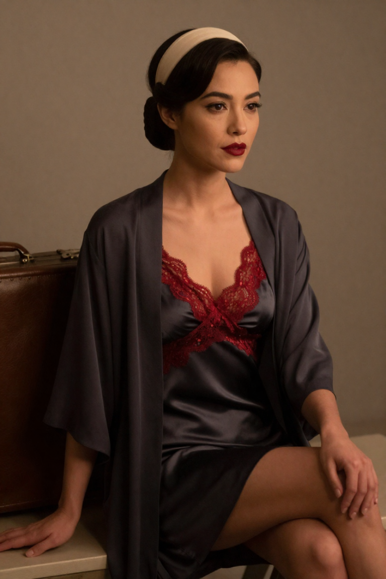 OverseasHuaren muse in a charcoal silk slip dress with wine-red lace seated on a bench